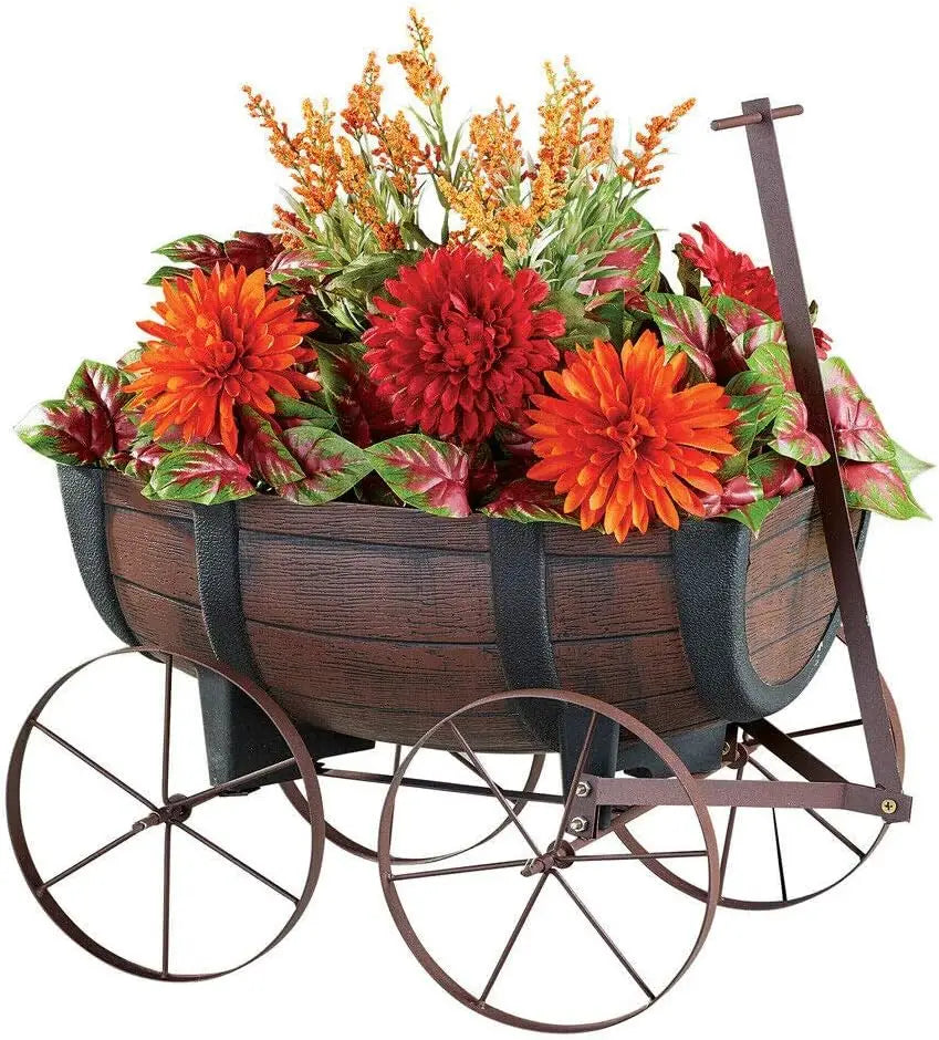 Rustic Barrel Wagon Planter for Garden