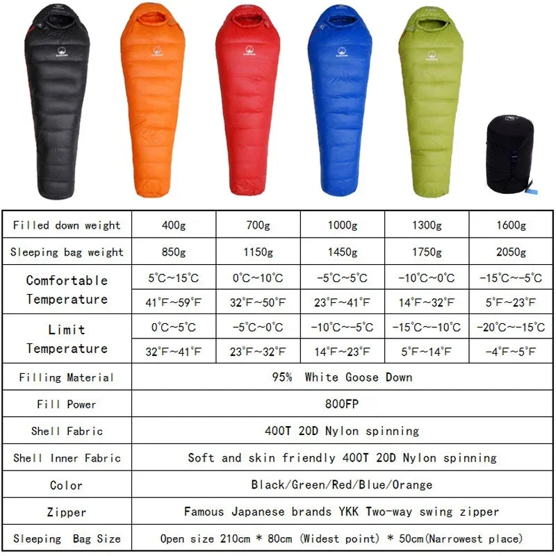 Very Warm White Goose Down Mummy Sleeping Bag