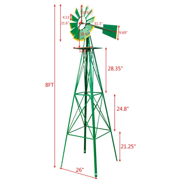 8FT Weather-Resistant Green Garden Windmill