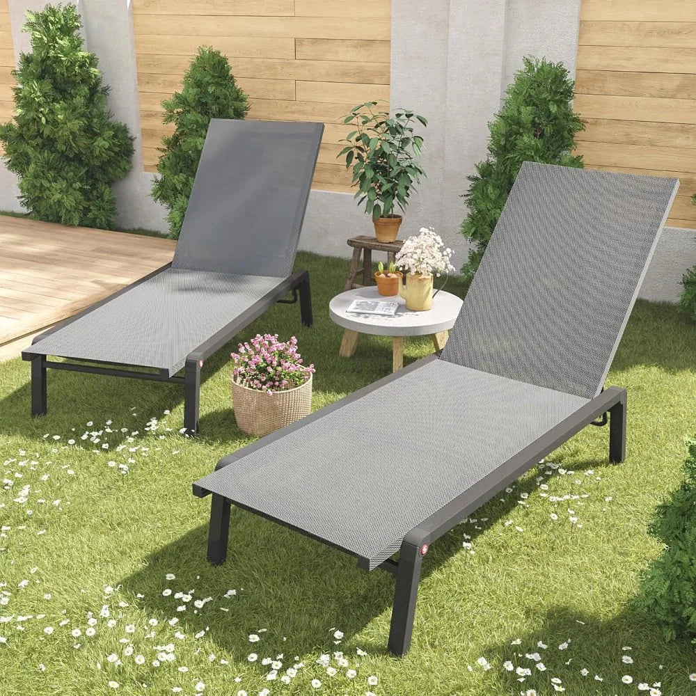 Patio Chaise Lounge Set – 2 Foldable Aluminum Recliners