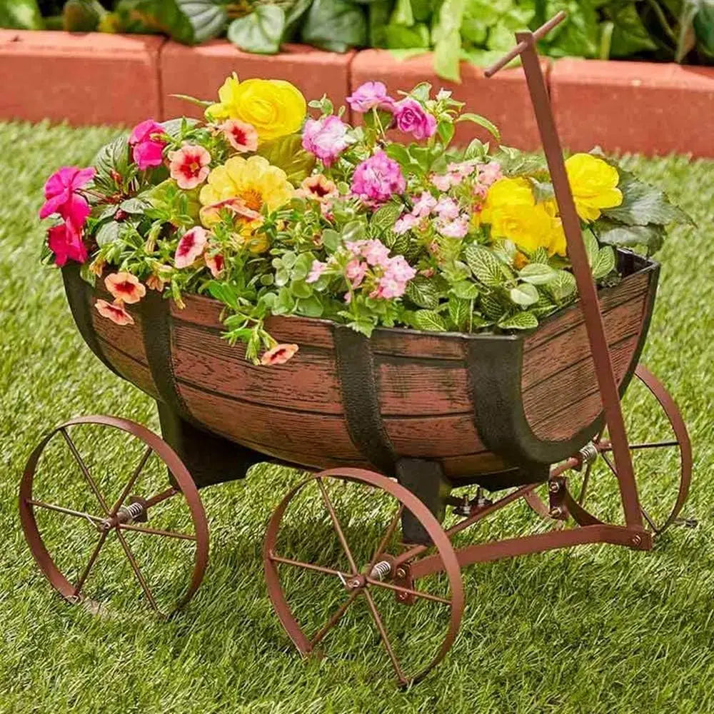 Rustic Barrel Wagon Planter for Garden