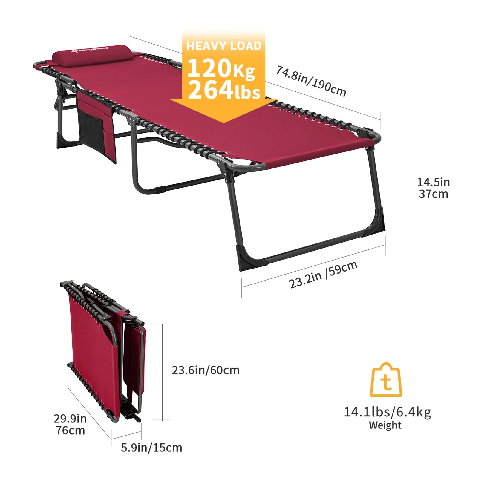 KingCamp Rollaway Folding Lounger with Pillow